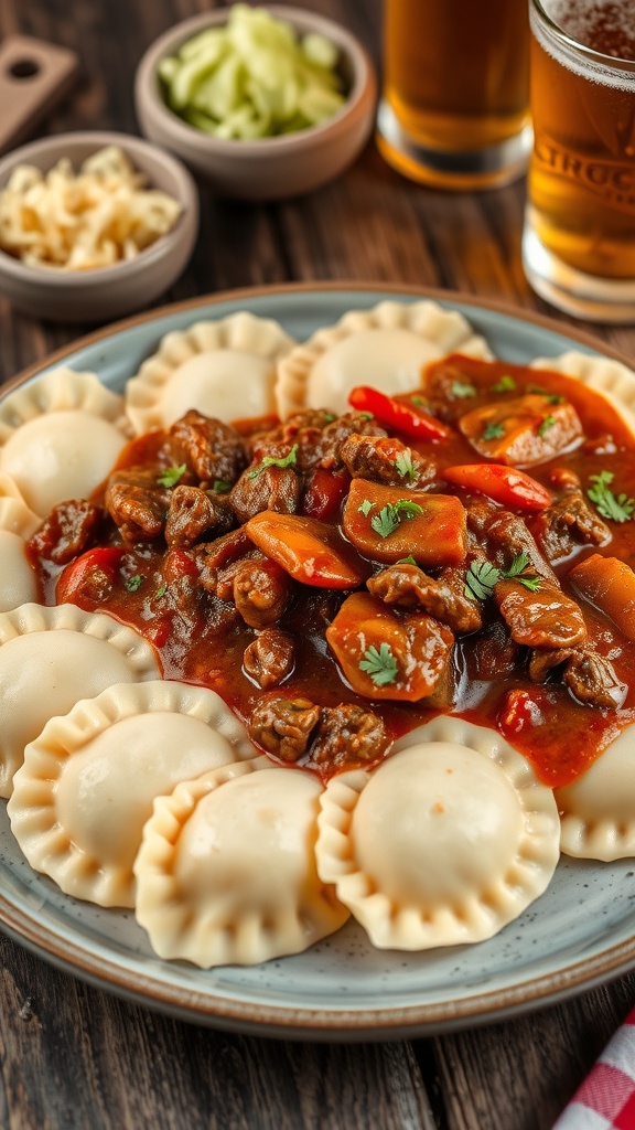 Fluffy Bohemian dumplings (knedlíky) served with meat sauce and garnished with herbs on a rustic table.